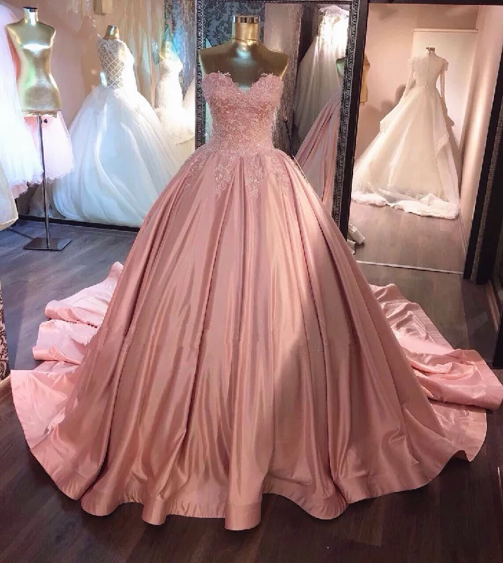 Unique Lace Appliques Taffeta Ball Gowns Wedding Dress Pink Lace Wedding Gown