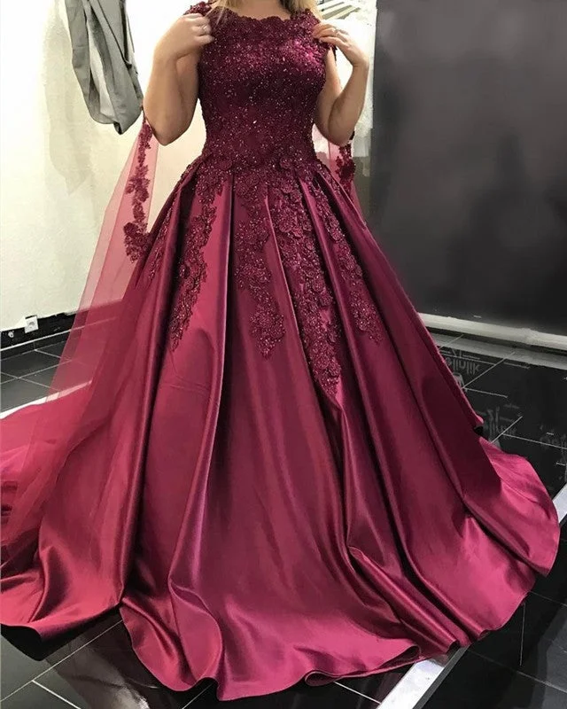 Modest Burgundy Ball Gown Satin Dress Lace Cap Sleeves Modern Lace Gown