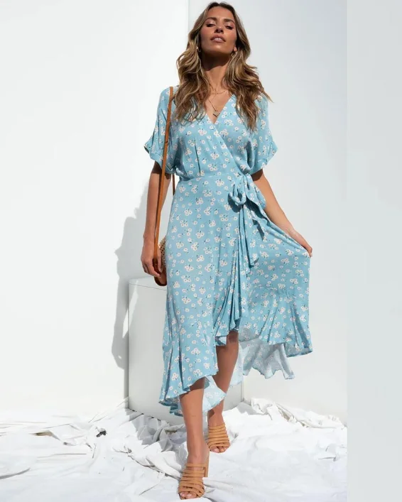 Women Casual Ruffle Wrap A-line Midi Dress Robe Holiday Elegant Dresses Affordable midi dresses