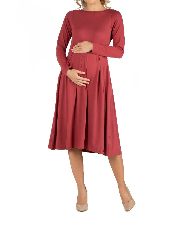 24seven Comfort Apparel Midi Length Fit Flare Pocket Maternity Dress Best midi dresses for curvy figures