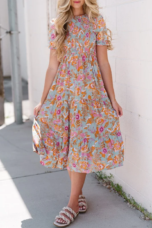 Floral Flounce Sleeve Round Neck Midi Dress Flowy midi dresses