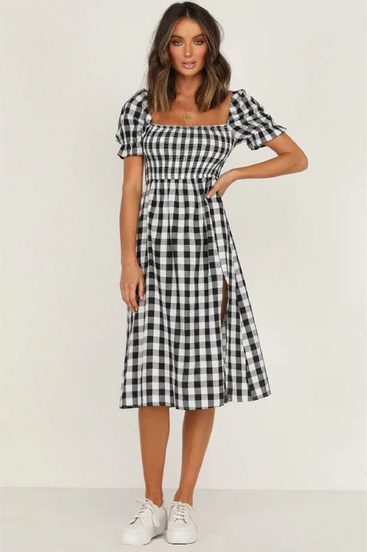 Full Size Slit Plaid Short Sleeve Midi Dress Boohoo midi dresses