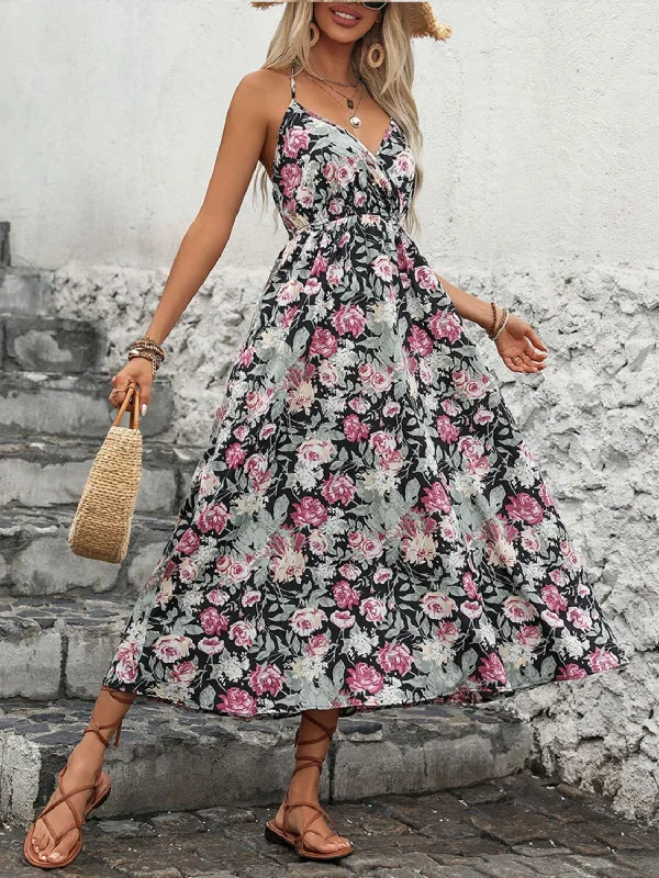 Smocked Printed Halter Neck Midi Dress Goth midi dresses