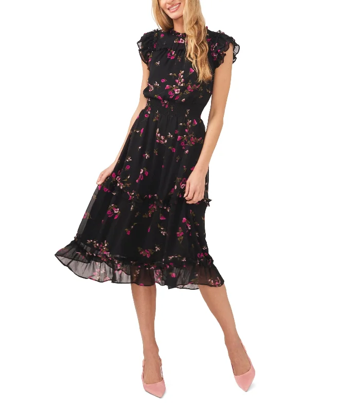 Women's Floral Print Smocked-Waist Midi Dress Date night midi dresses