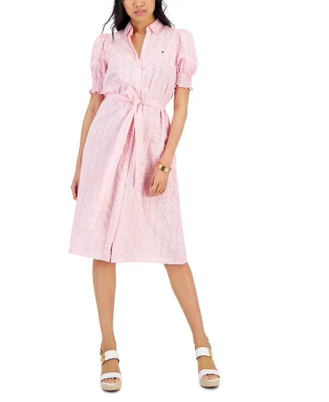 Women's Puff Sleeve Gingham Midi Dress Sequin midi dresses