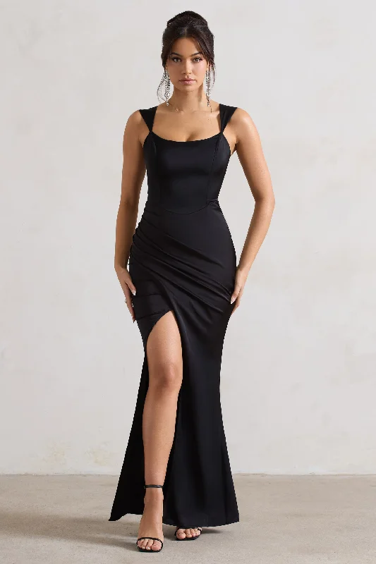 A Romantic | Black Satin Corset Wrap Maxi Dress Summer maxi dresses