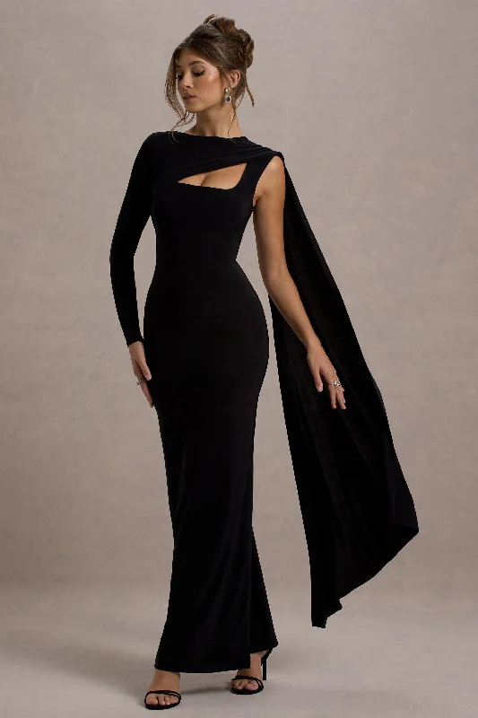 Ashini | Black One-Sleeve Maxi Dress With Cape Date night maxi dresses