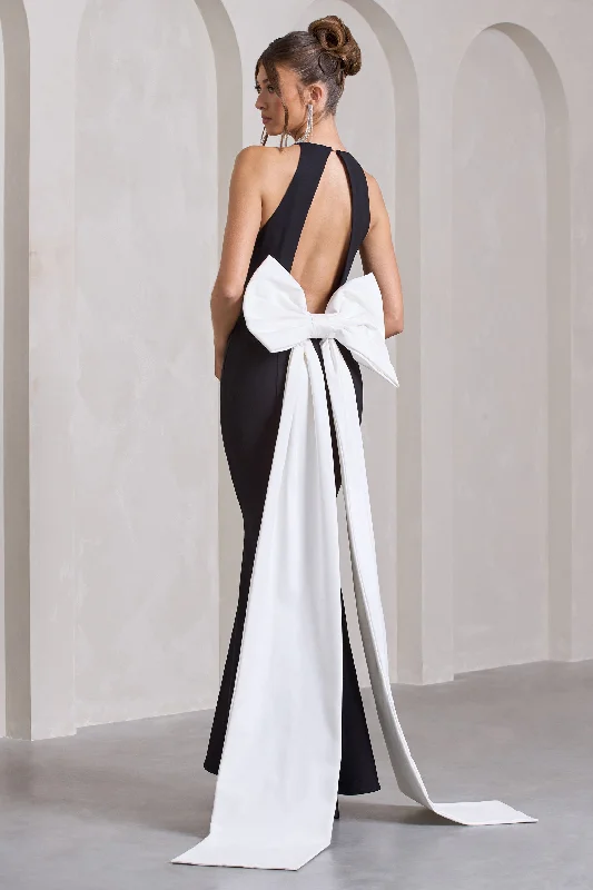 Bestow | Black Open-Back Maxi Dress With Oversized White Bow Vintage maxi dresses