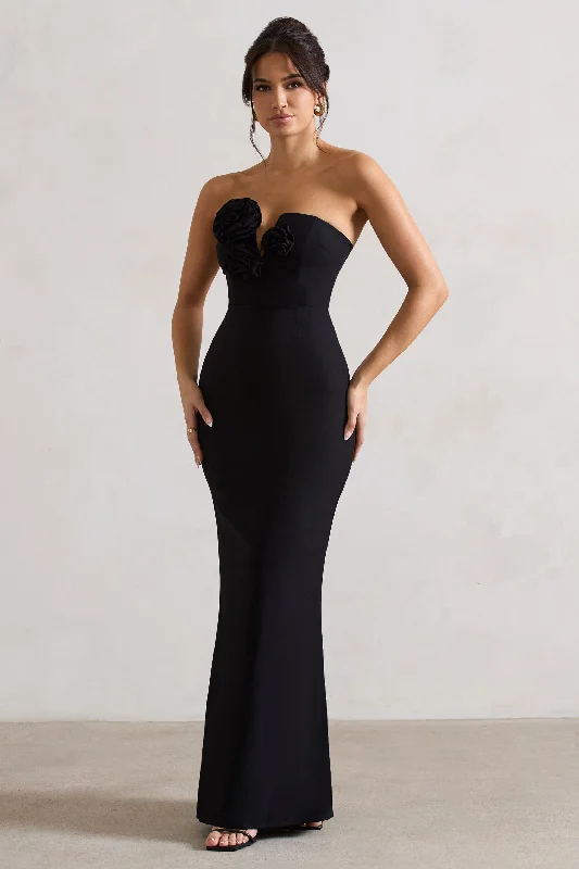 Enticed | Black Strapless V-Neck Maxi Dress With Flowers A-line maxi dresses