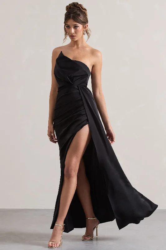 Hollywood | Black Satin Strapless Draped Maxi Dress Lace maxi dresses