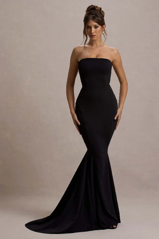 Impress Me | Black Strapless Bandeau Fishtail Maxi Dress Tiered maxi dresses