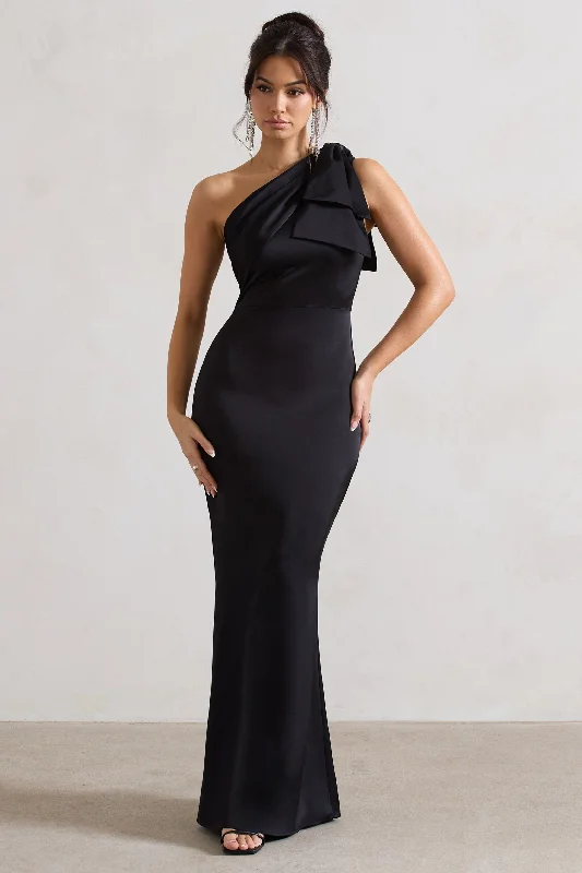 Lady | Black Satin One Shoulder Maxi Dress With Bow Fashion-forward maxi dresses