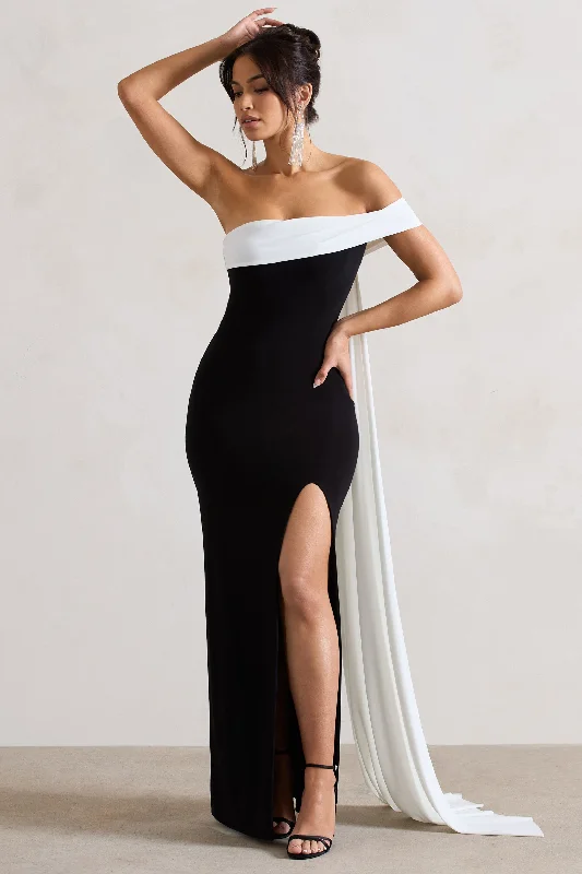 Legacy | Black & White Bardot Split Maxi Dress With Drape Sleeveless maxi dresses