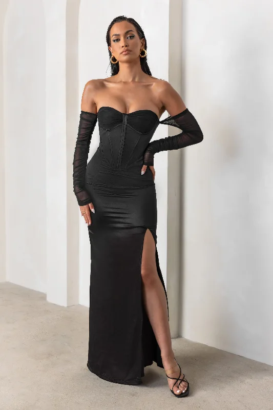 My Prize | Black Satin Bardot Mesh Long Sleeve Maxi Dress With Thigh Split Goth maxi dresses