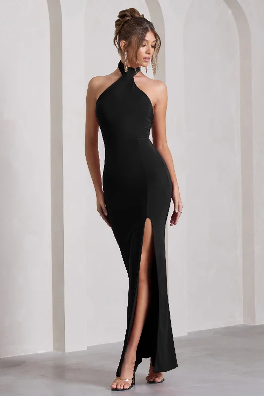 Pamela | Black Halter-Neck Sleeveless Split Maxi Dress Fall maxi dresses