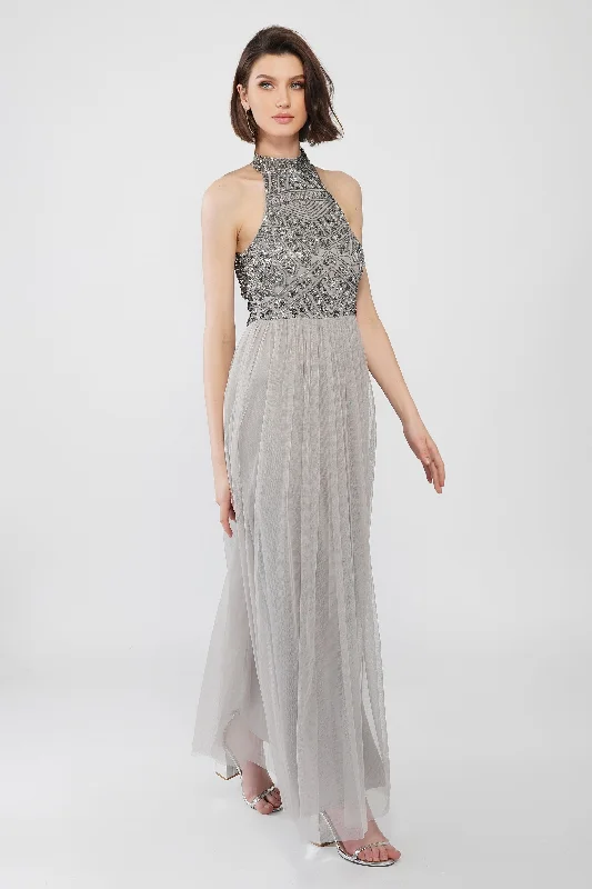 Sareen Grey Embellished Maxi Dress Leather maxi dresses