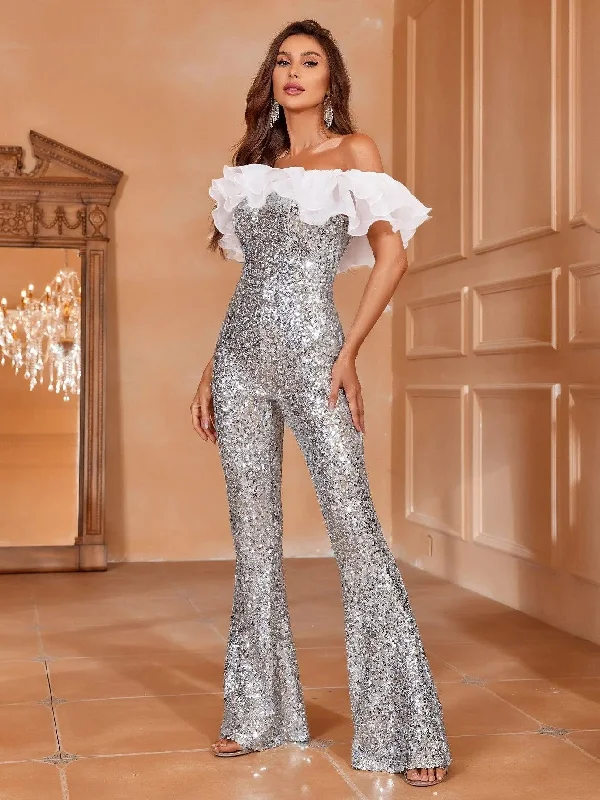 Ruffle Trim Off Shoulder Sequin Party Jumpsuit Best party dresses for hourglass body shape