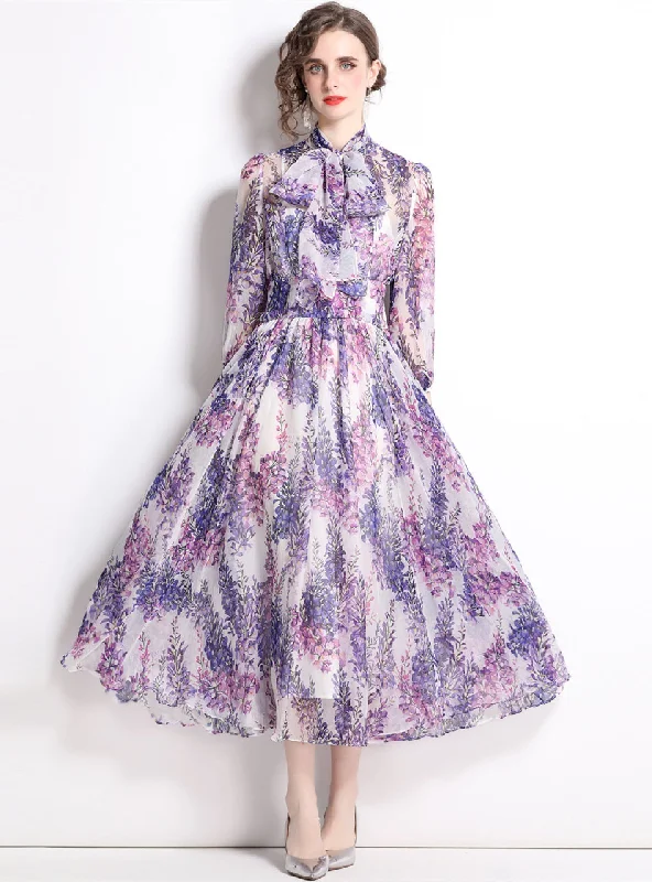 Bow Tie Collar Long Sleeve Waist Floral Chiffon Dress Cheap floral dresses