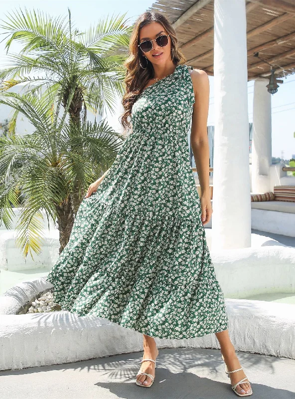 Holiday Ruffled One-shoulder Floral Dress Boho floral dresses