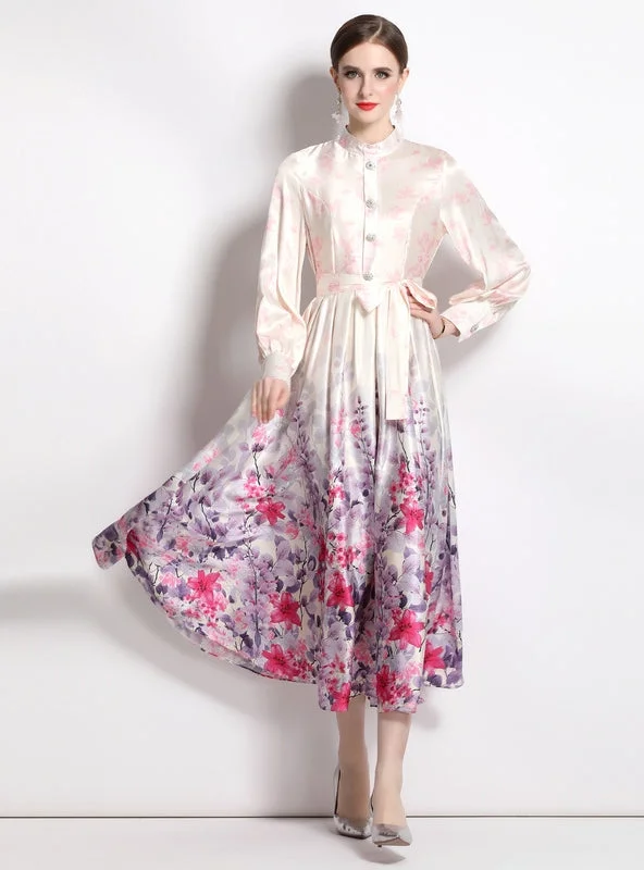 Long Sleeve Satin Vintage Printed Dress Expensive floral dresses