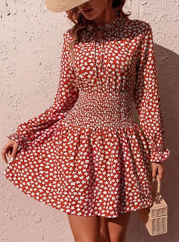 Long Sleeve Tie Waist Printed Dress Maternity floral dresses