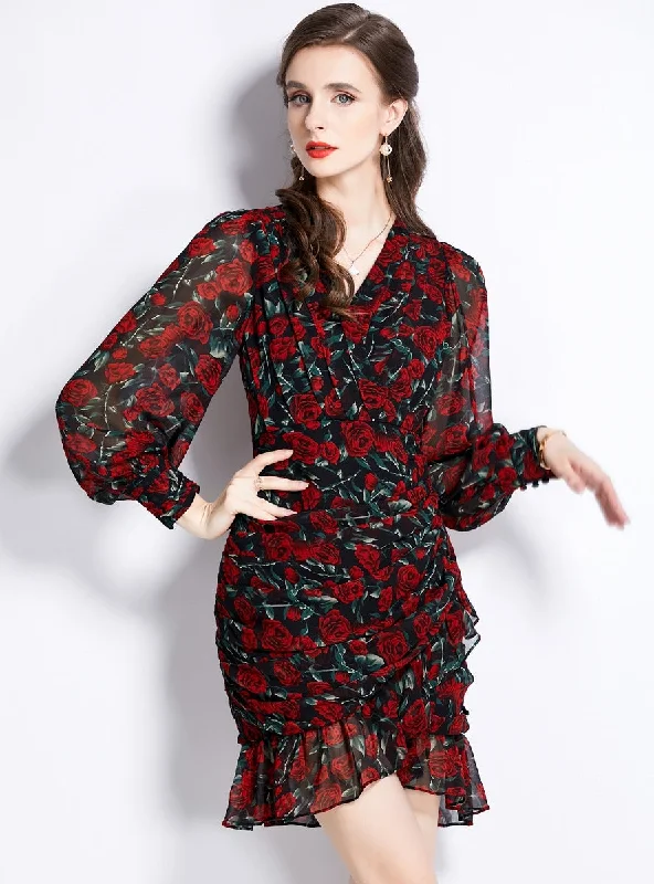 Long Sleeve V-neck Printed Chiffon Dress Women's floral dresses