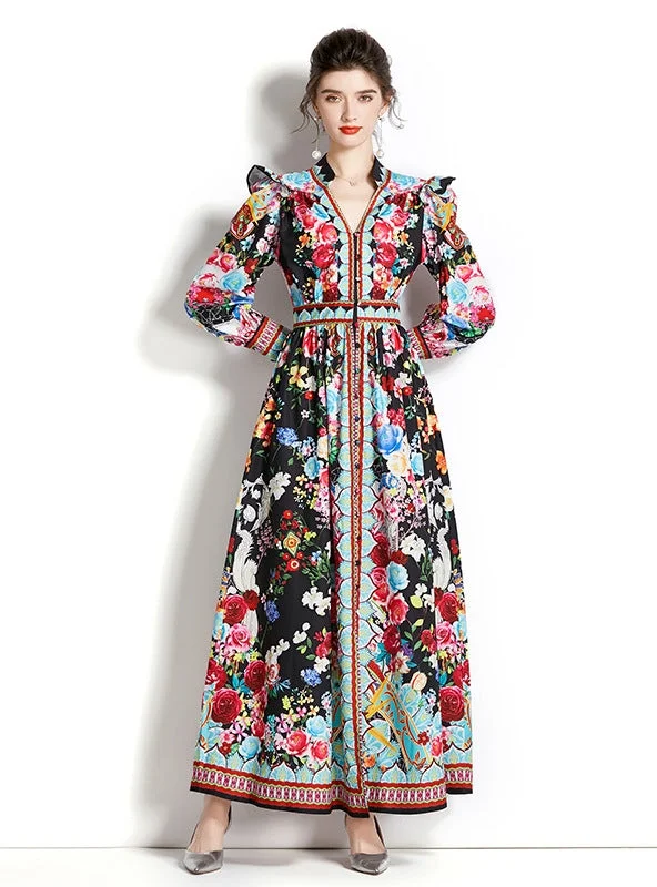 Long-sleeved Lantern Sleeve Printing Dress Hot new arrivals in floral dresses