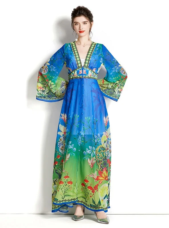 Long-sleeved V-neck Flared Sleeve Printed Dress Best floral dresses for outdoor weddings