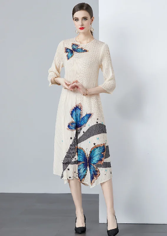 Loose and Slim Printed Pleated Round Neck Dress Cotton floral dresses