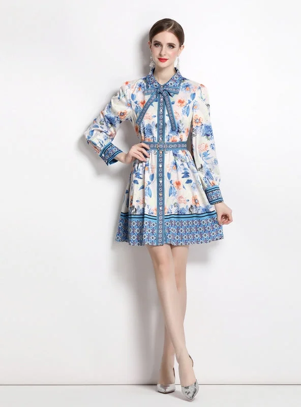 Printed Retro Lapel Lantern Sleeve Dress Chic floral dresses