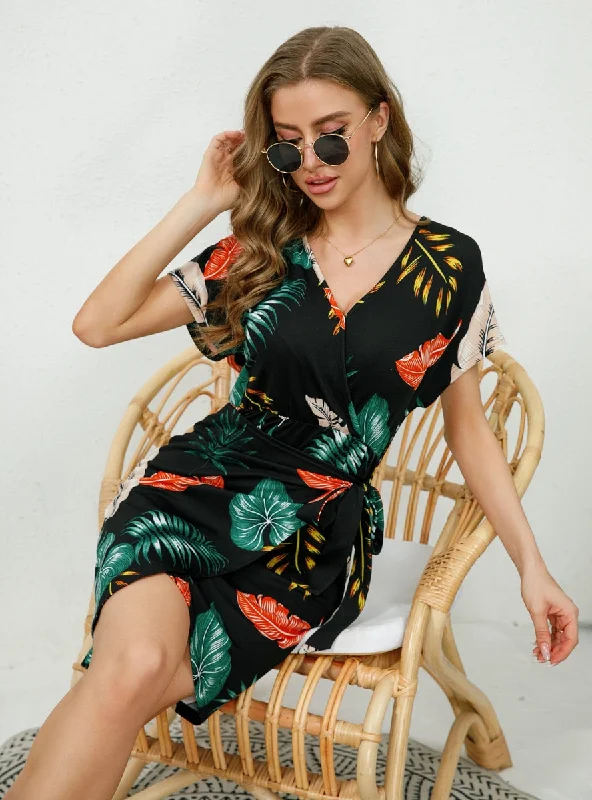 Printed Strap Short Sleeve Dress Long floral dresses