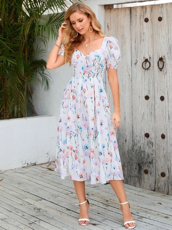 Retro Floral Bubble Sleeve Dress Comfortable floral dresses for everyday wear