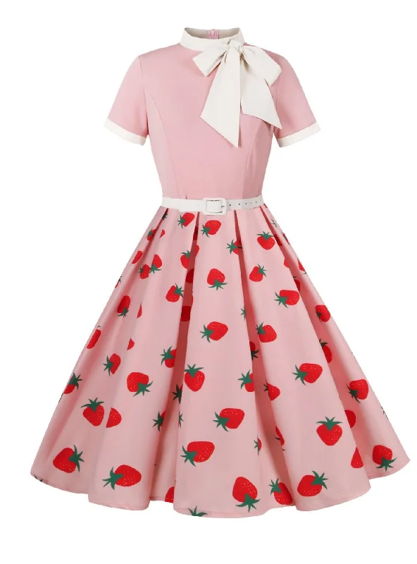 Retro Hepburn Strawberry Printed Dress Satin floral dresses