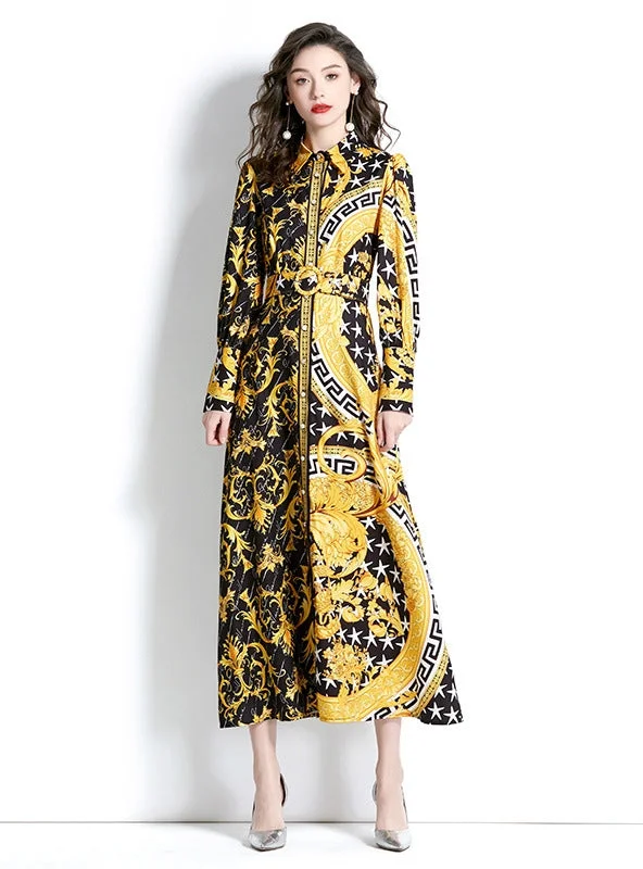 Retro Lapel Lantern Sleeve Long Printed Dress Revolve floral dresses