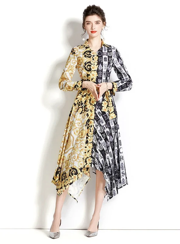 Retro Long Sleeve Color Printed Irregular Dress Velvet floral dresses