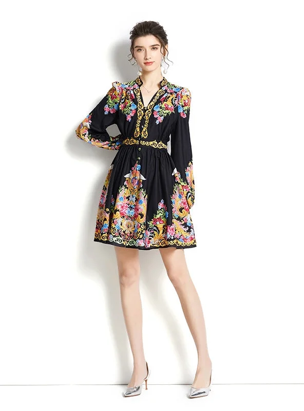 V-neck Lantern Sleeve Printed Short Dress Garden party floral dresses