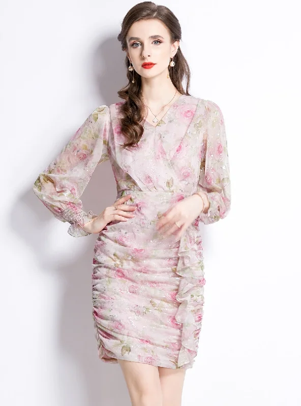 V-neck Ruffled Long-sleeved Floral Chiffon Dress Women's trendy floral dresses sale