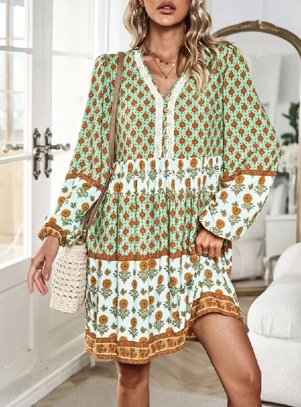 Vacation and Leisure Bohemian Long Sleeve Print Dress Cottagecore floral dresses