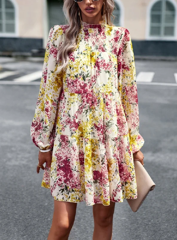 Women Printed Long-sleeved Dress Smocked floral dresses