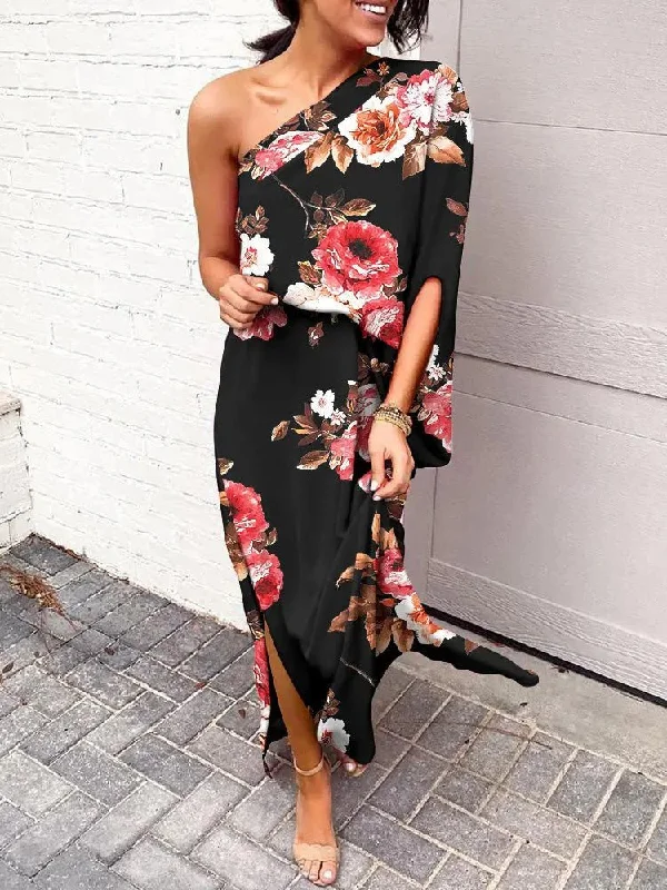 Women's Dresses One Shoulder Slit Print Dress Organza floral dresses