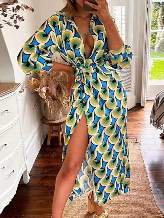 Women's Dresses Printed Lapel Tie Long Sleeve Slit Dress Spring floral dresses