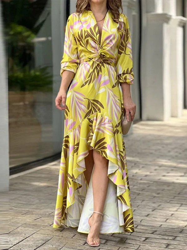 Women's Dresses Printed V-Neck High Waist Ruffle Dress Retro floral dresses