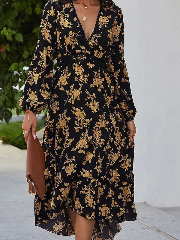 Women's Dresses V-Neck Vintage Print Long Sleeve Dress Best floral dresses for petites