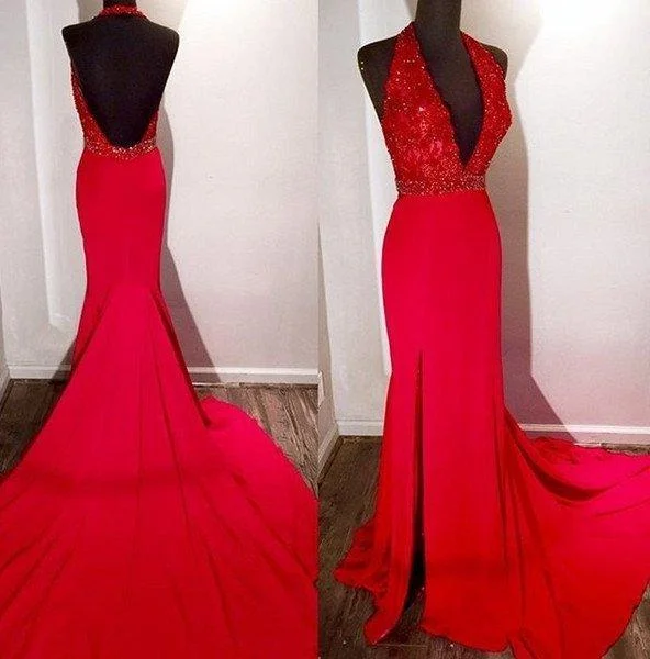 2024 Gorgeous Red Halter Side-Slit Mermaid/Trumpet Satin Prom Dresses Knitted unclassified dresses