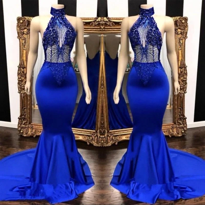 2024 High Neck Beaded Mermaid Royal Blue Prom Dresses Party unclassified dresses