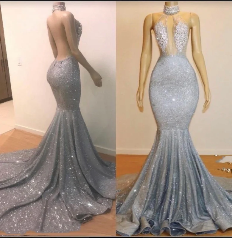 2024 High Neck  Backless Sexy Mermaid Prom Dresses Bold pattern unclassified dresses