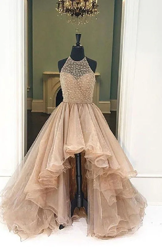 2024 Halter Beaded High Low Organza Champagne Prom Dresses Date night unclassified dresses