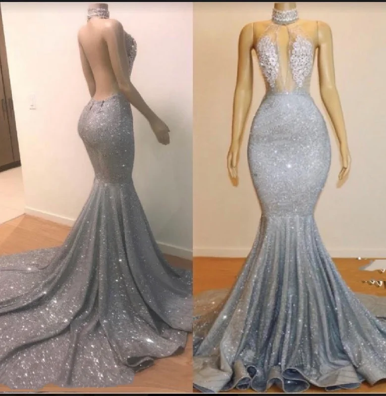 2024 High Neck Silver Backless Sexy Mermaid Prom Dresses Breathable unclassified dresses