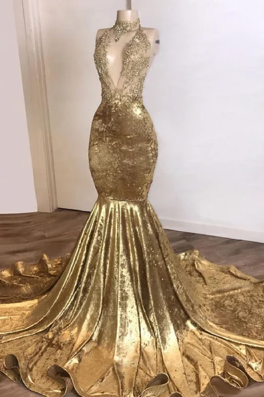 2024 Mermaid Gold Velvet High Neck V Neck Prom Dresses Best-selling unclassified dresses