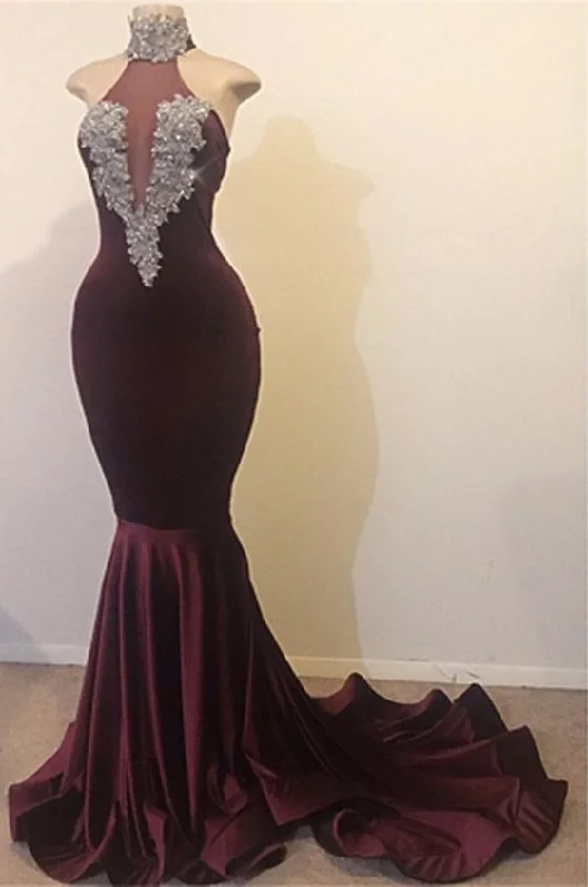 2024 New Arrival High Neck Grape Beaded Mermaid Prom Dresses Open-back unclassified dresses